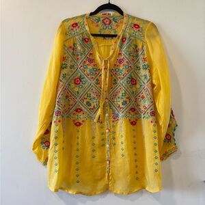 Johnny Was Arges Embroidered Georgette Blouse Tunic Floral Yellow Women size M